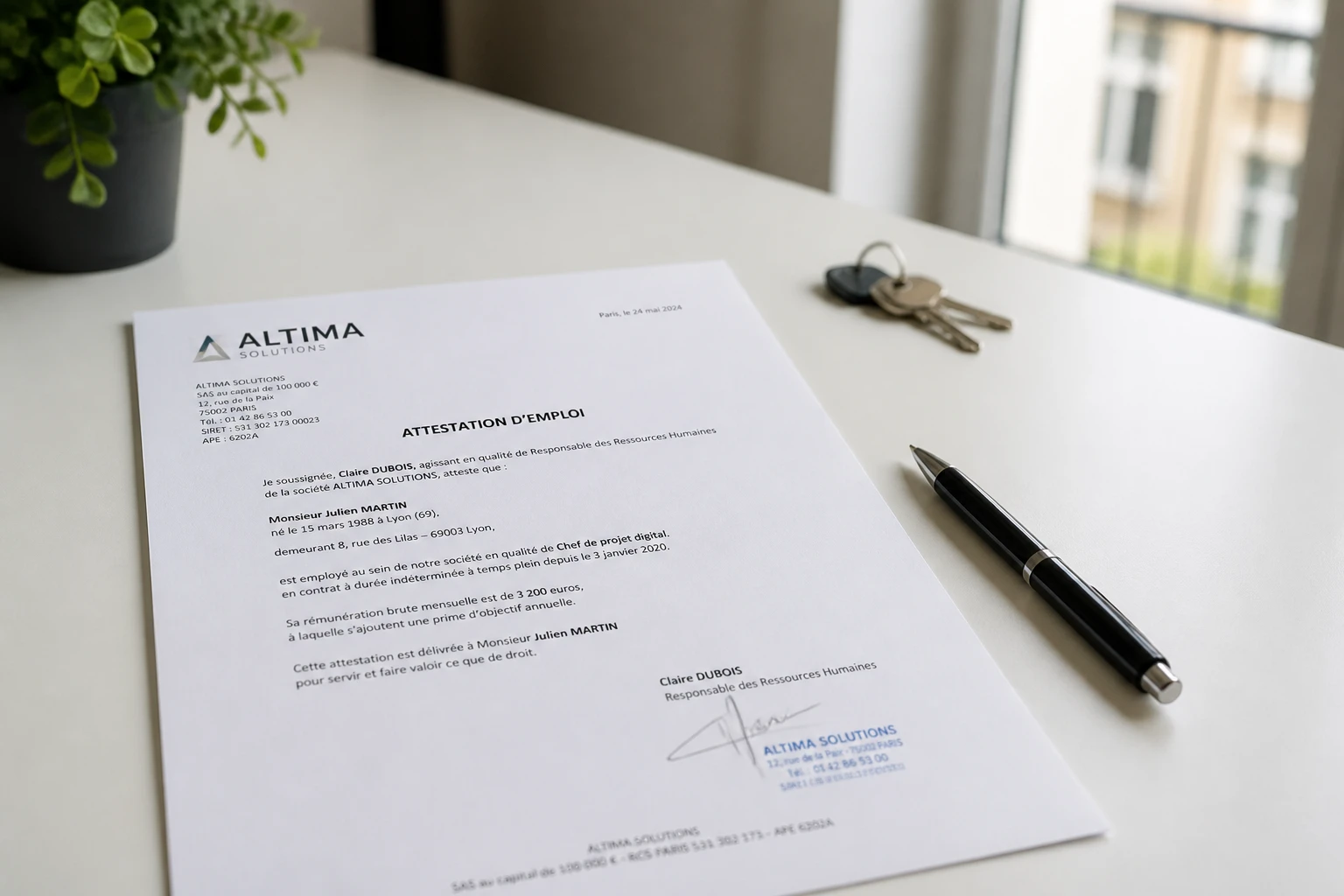 Attestation employeur sur un bureau avec des clés d'appartement et un dossier de location en arrière-plan