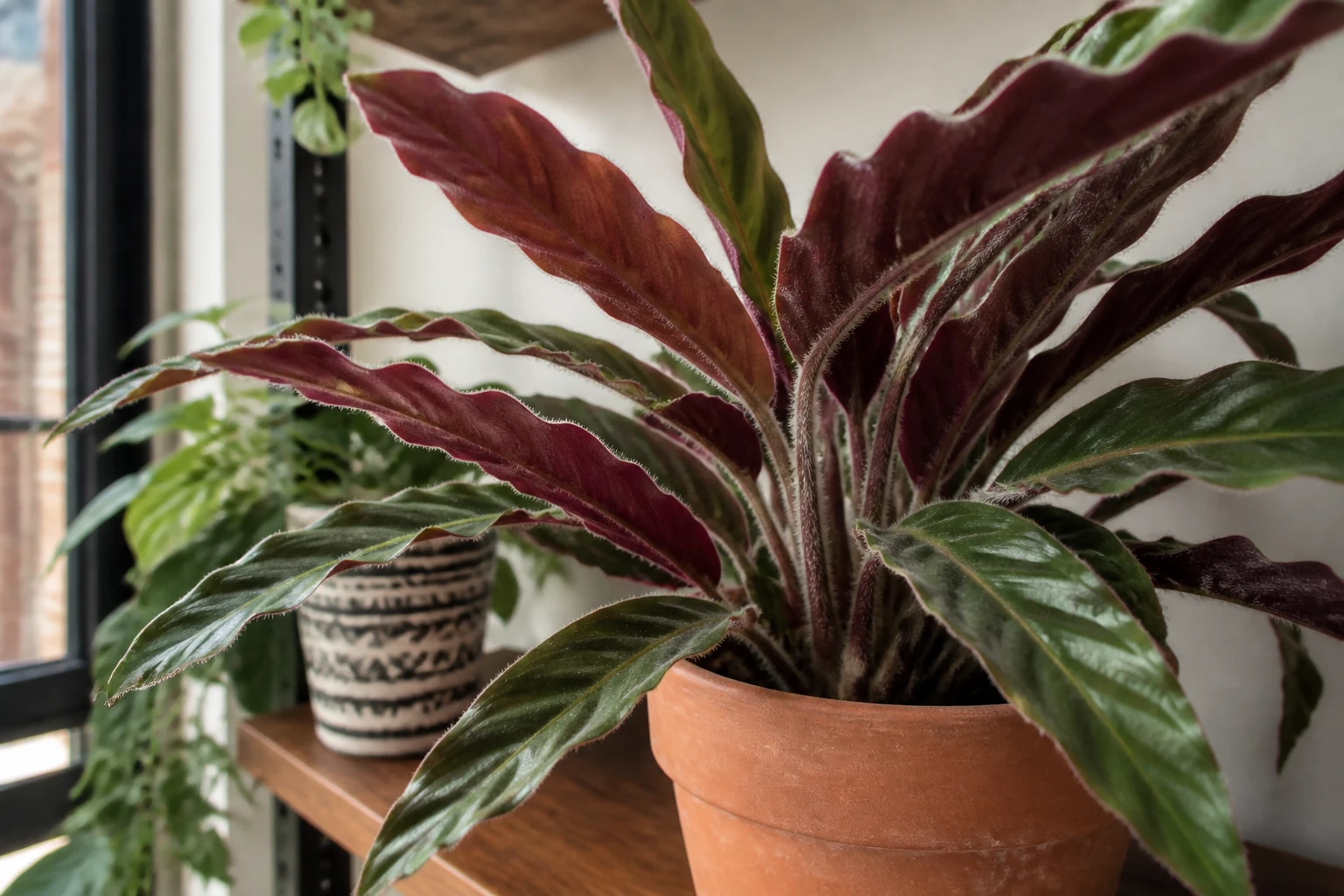 Calathea rufibarba en pot, feuilles vertes dessus et bordeaux veloutées dessous, lumière naturelle intérieure