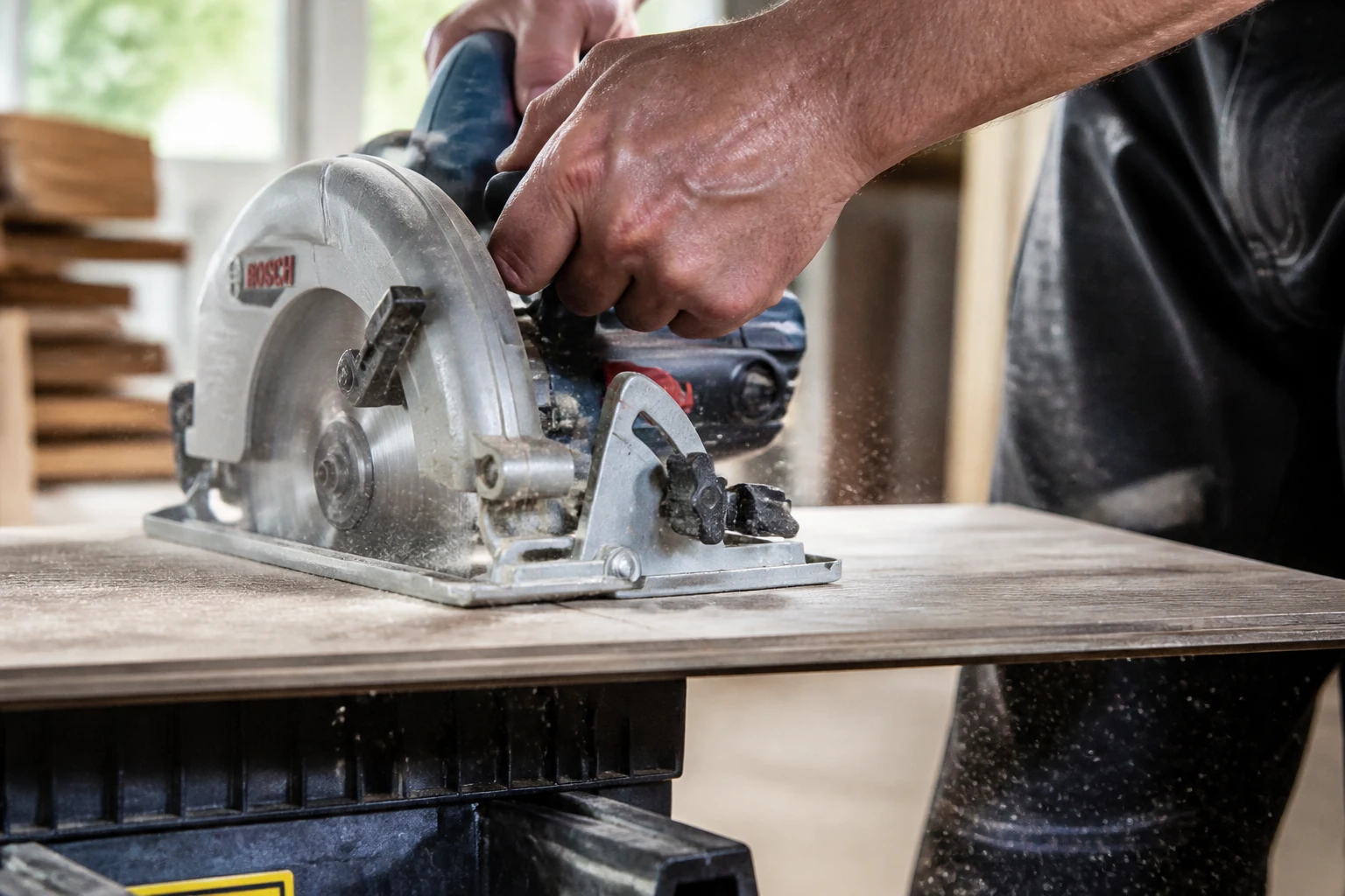 Coupe propre d'une lame de parquet stratifié à la scie circulaire sur établi de chantier