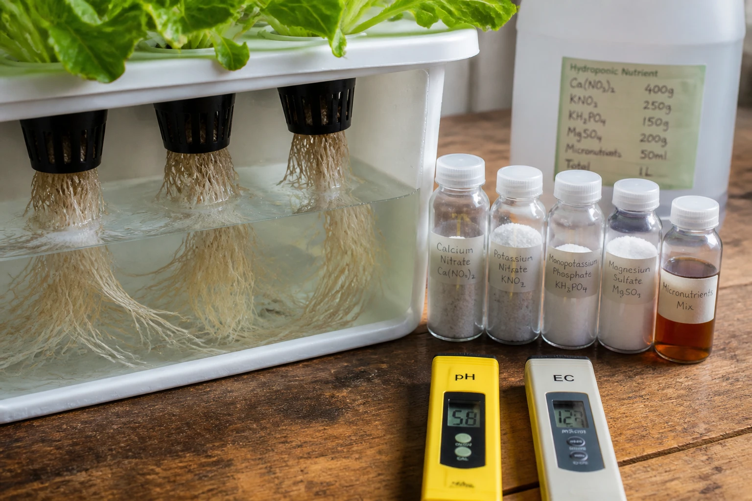 Racines de laitue hydroponique en solution nutritive maison avec pH-mètre et sels minéraux sur table en bois