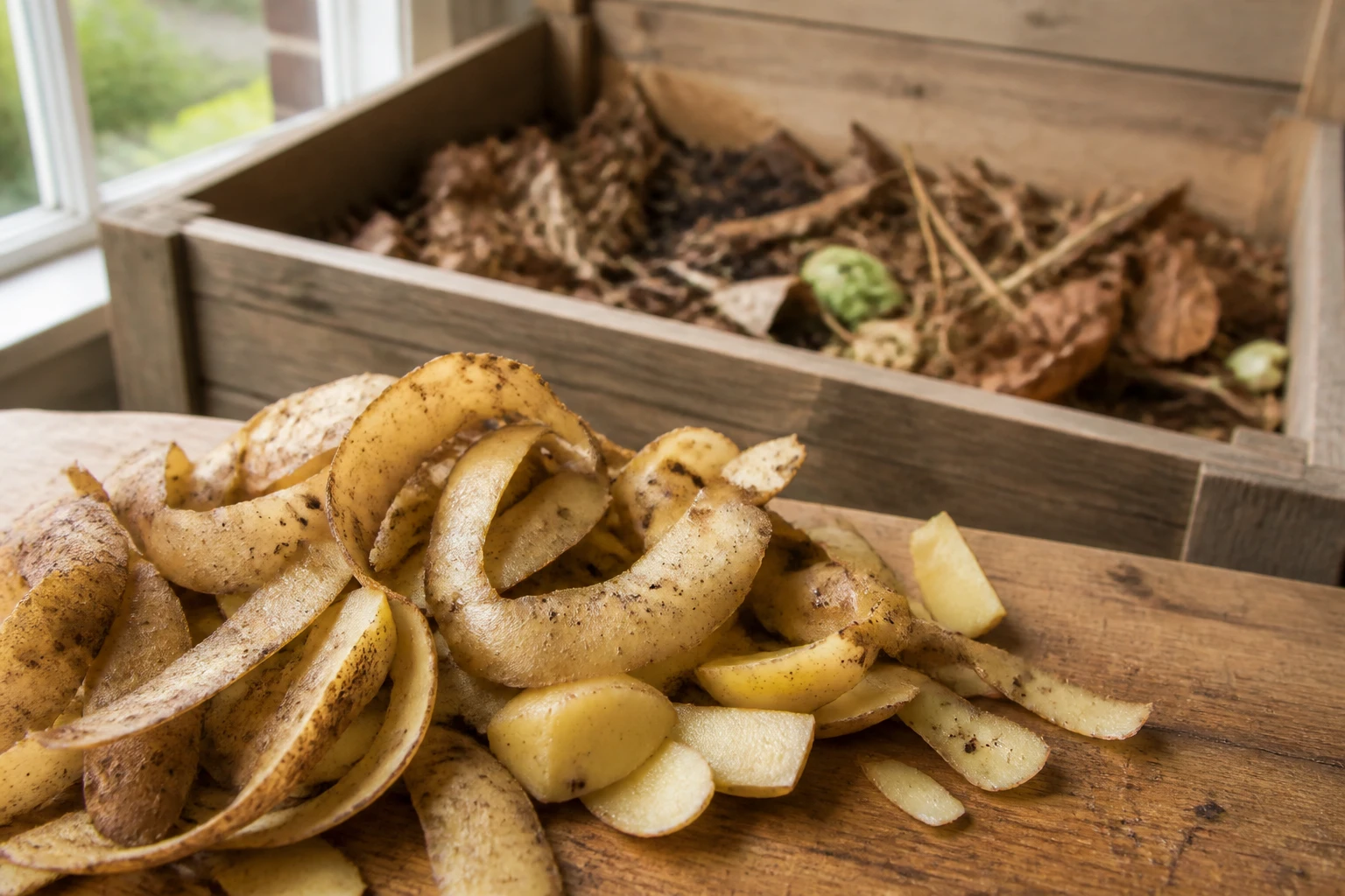 Épluchures de pomme de terre fraîches découpées prêtes à être intégrées dans un composteur en bois