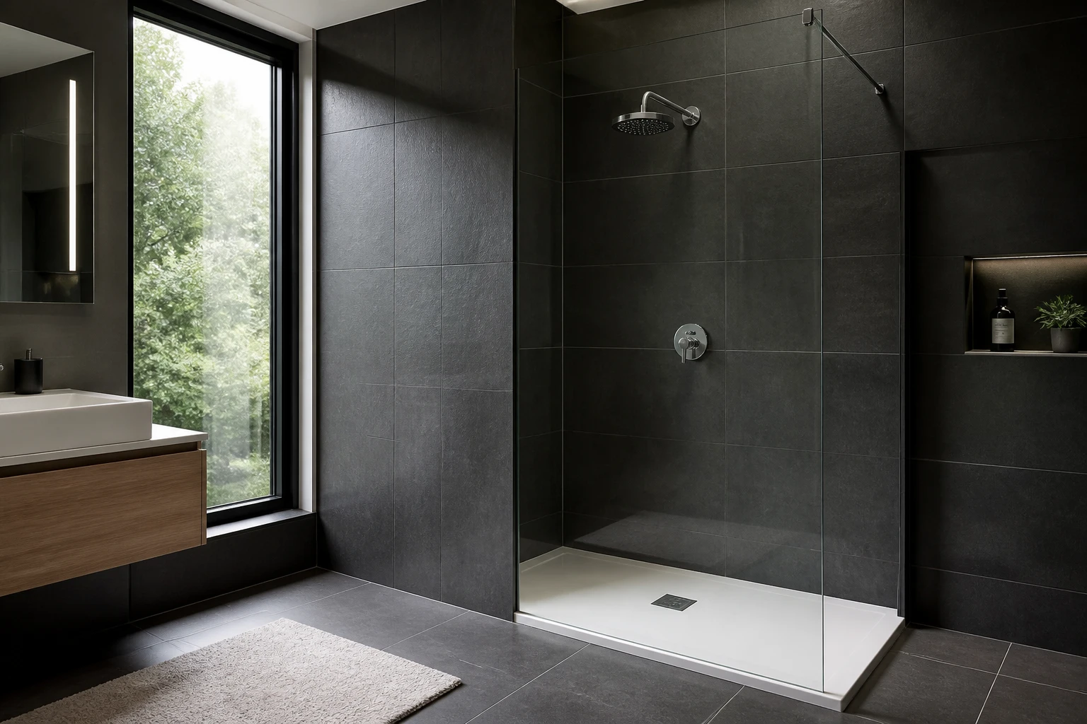 Pommeau de douche chromé fixé à 200 cm sur paroi carrelée grise dans douche italienne moderne