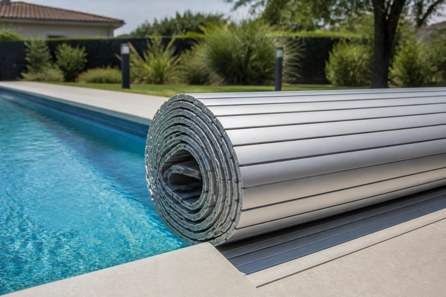 Bâche à barre semi-ouverte sur une piscine rectangulaire extérieure avec barres aluminium empilées