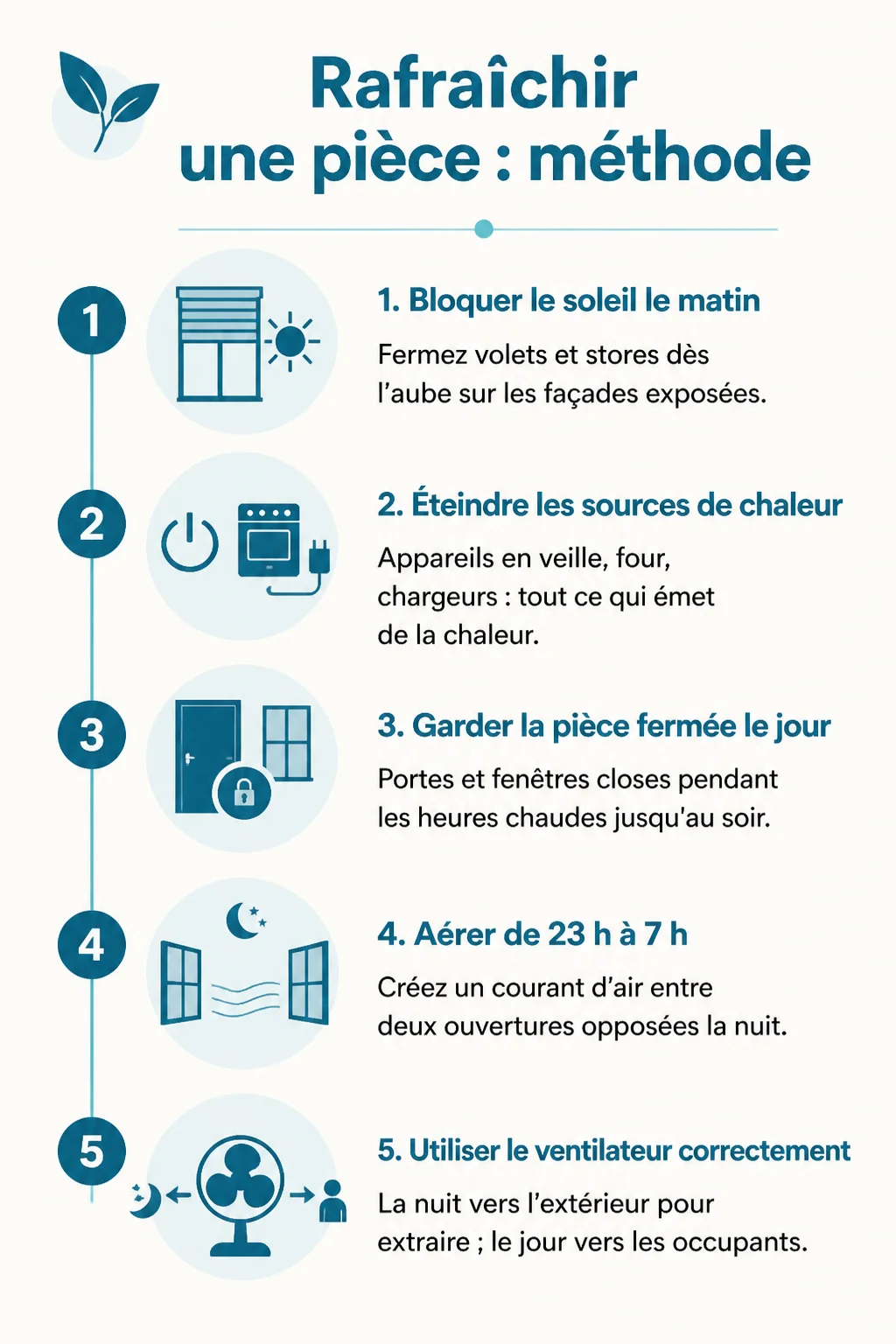 Rafraîchir une pièce : méthode : 1. Bloquer le soleil le matin, 2. Éteindre les sources de chaleur, 3. Garder la pièce fermée le jour, 4. Aérer de 23 h à 7 h, 5. Utiliser le ventilateur correctement