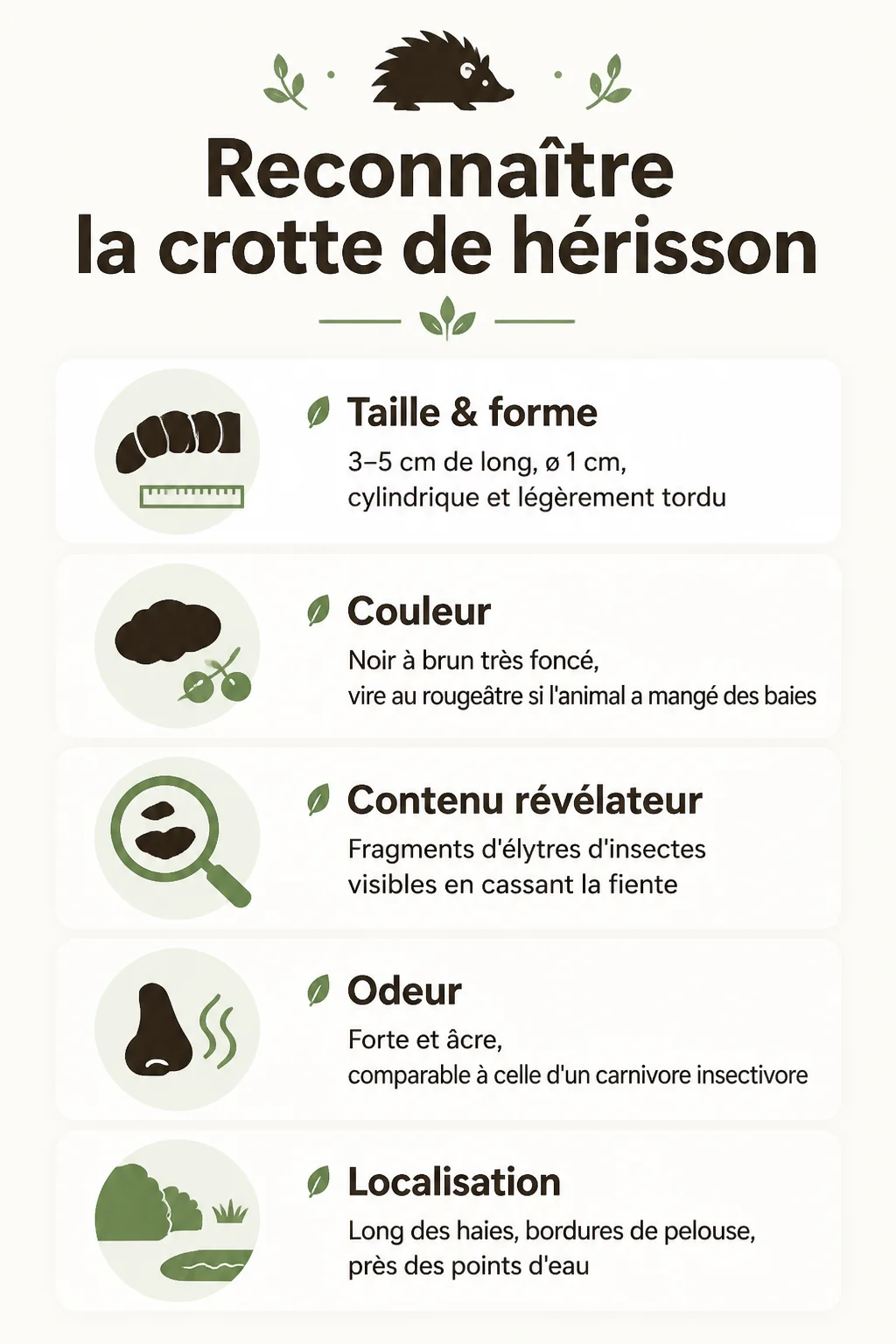 Reconnaître la crotte de hérisson : Taille & forme, Couleur, Contenu révélateur, Odeur, Localisation