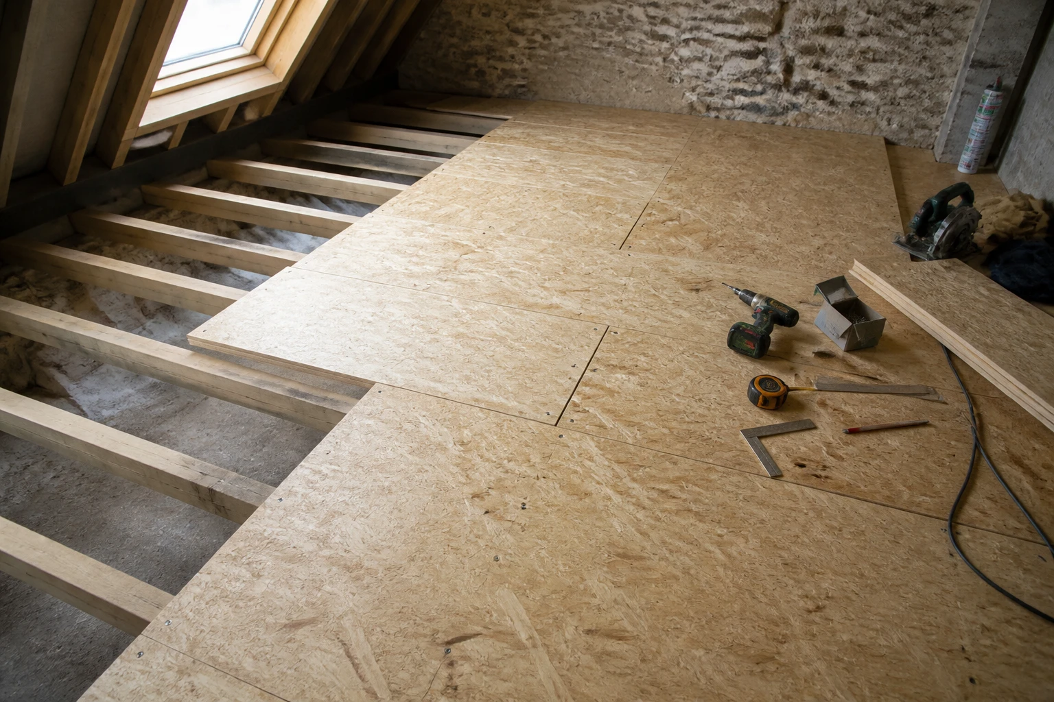 Pose de panneaux OSB 3 sur solivage bois lors d'une rénovation de plancher d'étage
