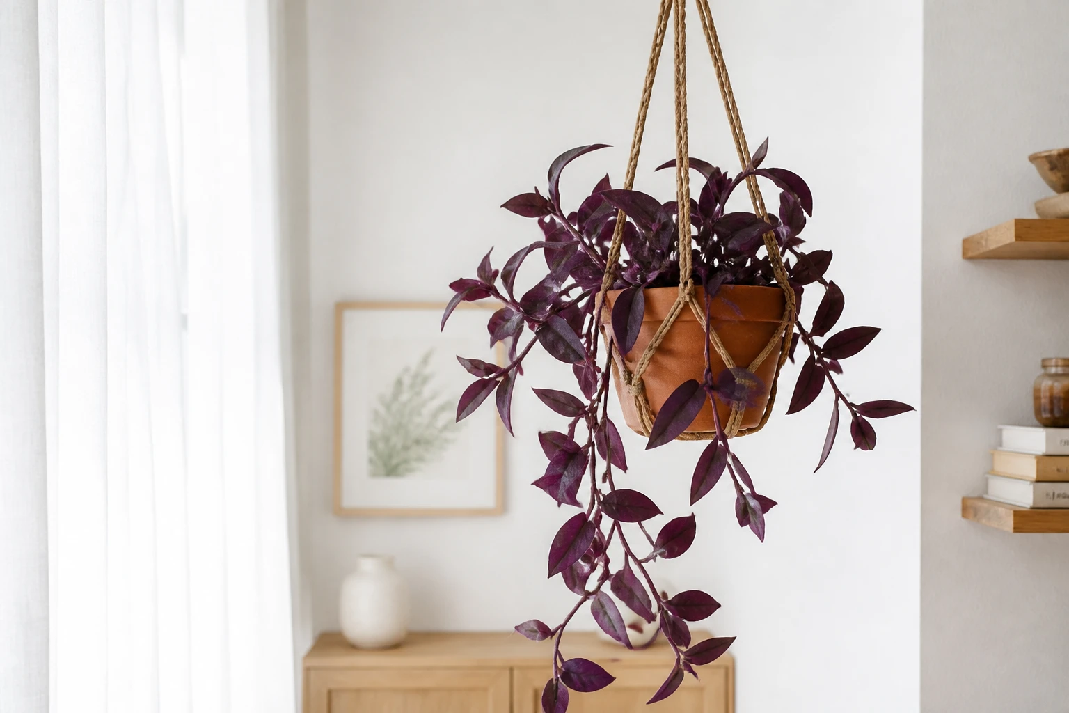 Tradescantia pallida aux feuilles violettes retombantes dans un pot suspendu, lumière naturelle