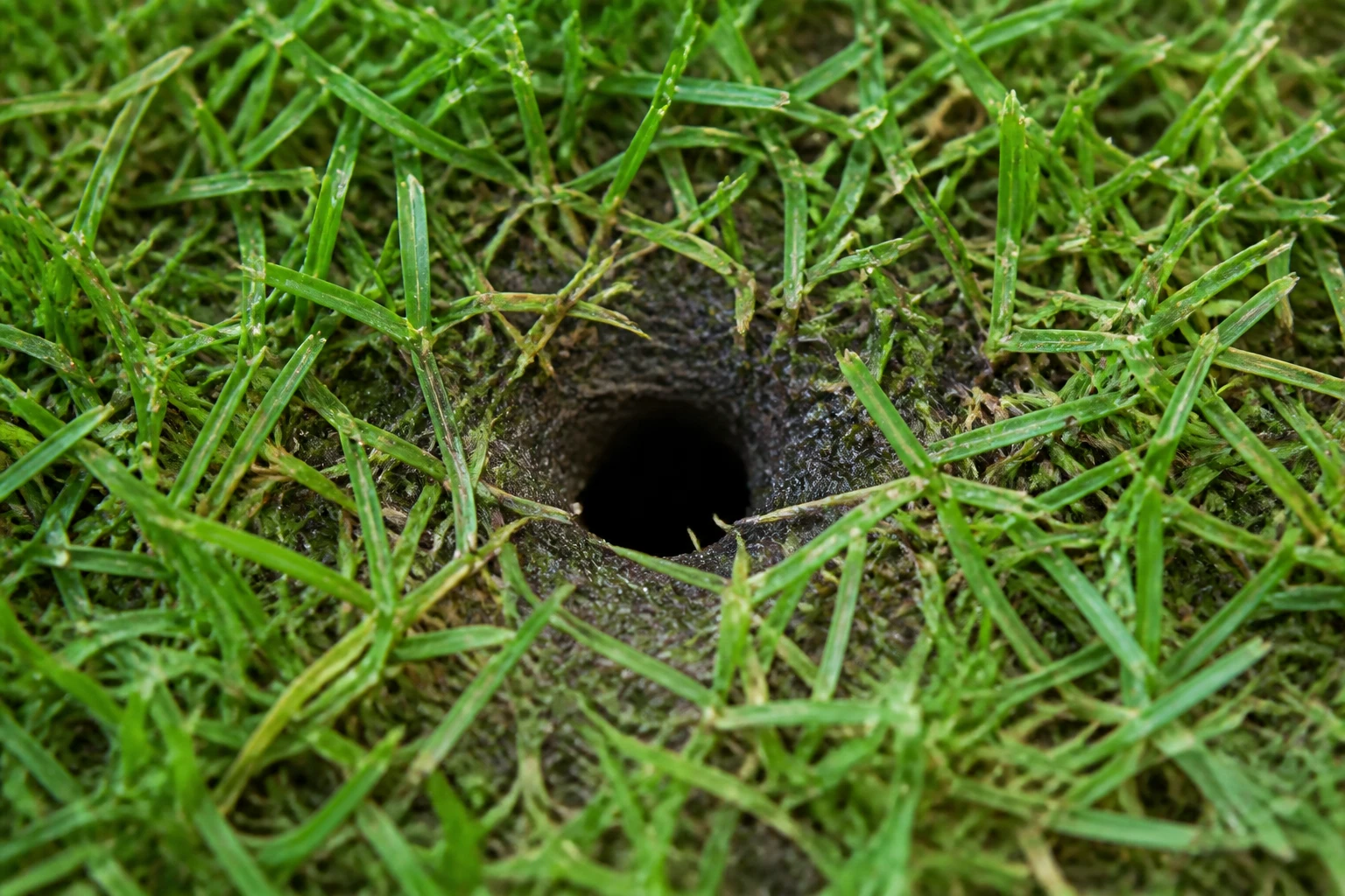 Trou rond dans une pelouse verte sans monticule de terre autour, éclairage naturel