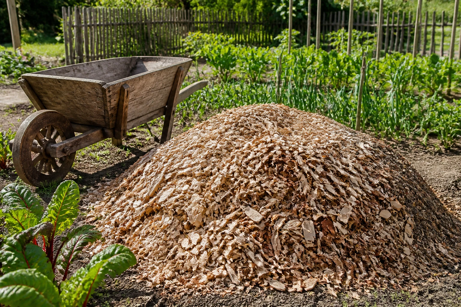 Tas de copeaux de bois frais dans un jardin potager avec une brouette en bois