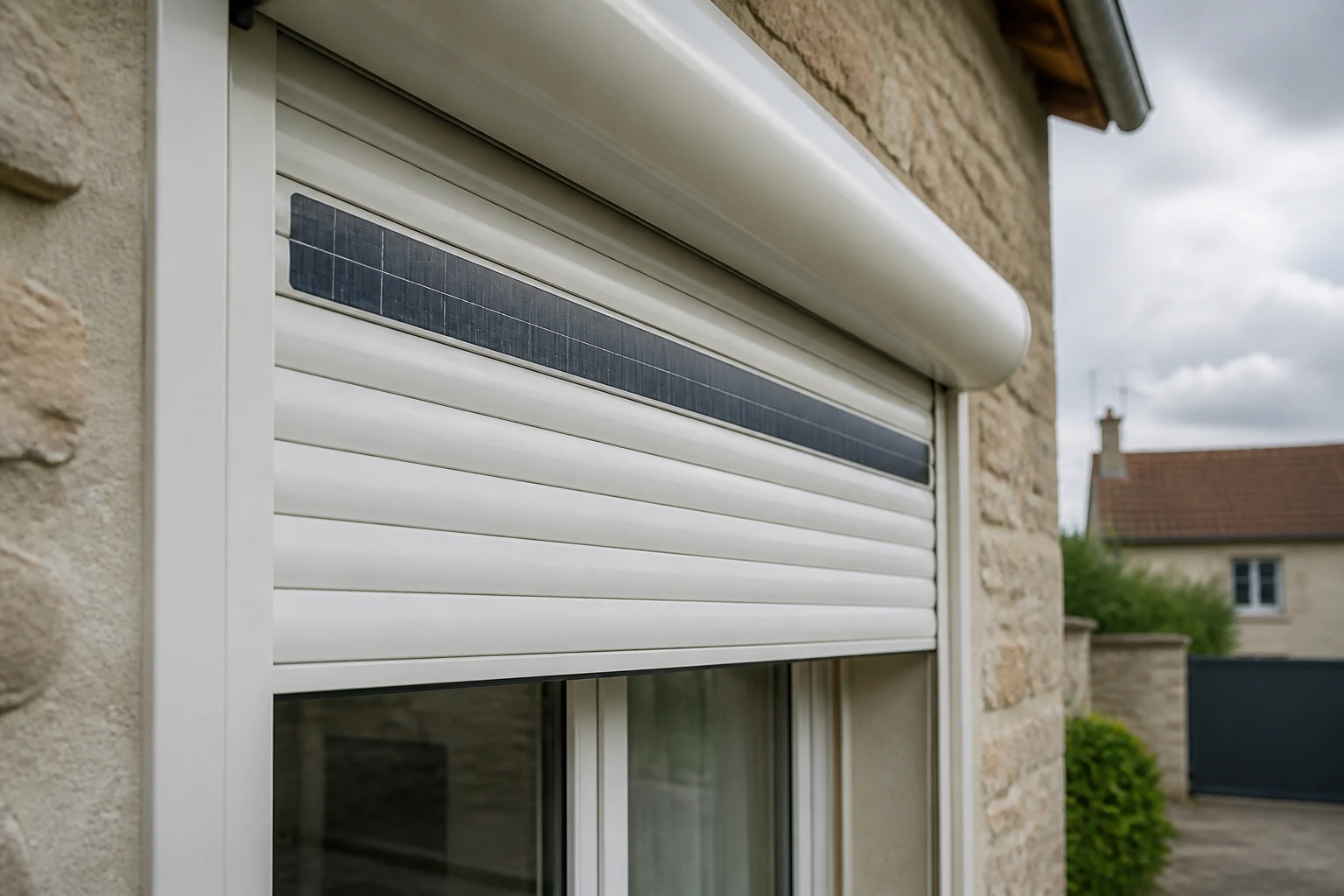 Volet roulant solaire installé sur une maison française, panneau photovoltaïque visible sur les lames