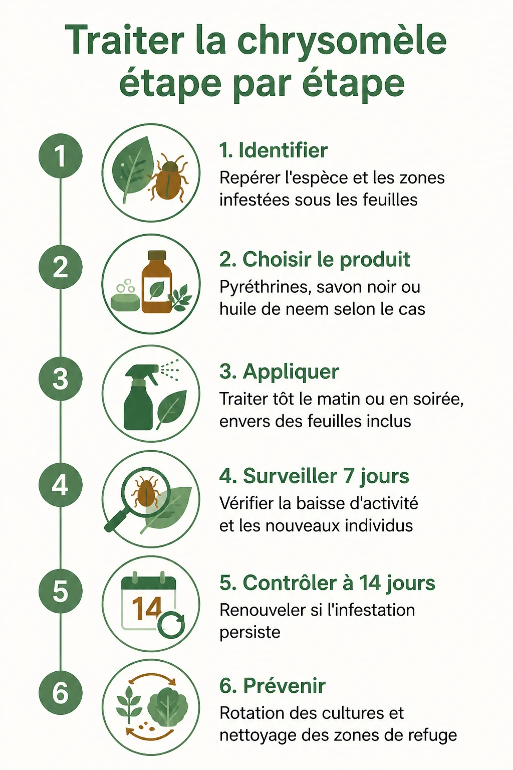 Traiter la chrysomèle étape par étape : 1. Identifier, 2. Choisir le produit, 3. Appliquer, 4. Surveiller 7 jours, 5. Contrôler à 14 jours, 6. Prévenir