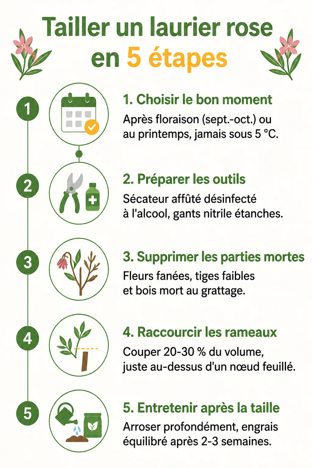 Tailler un laurier rose en 5 étapes : 1. Choisir le bon moment, 2. Préparer les outils, 3. Supprimer les parties mortes, 4. Raccourcir les rameaux, 5. Entretenir après la taille