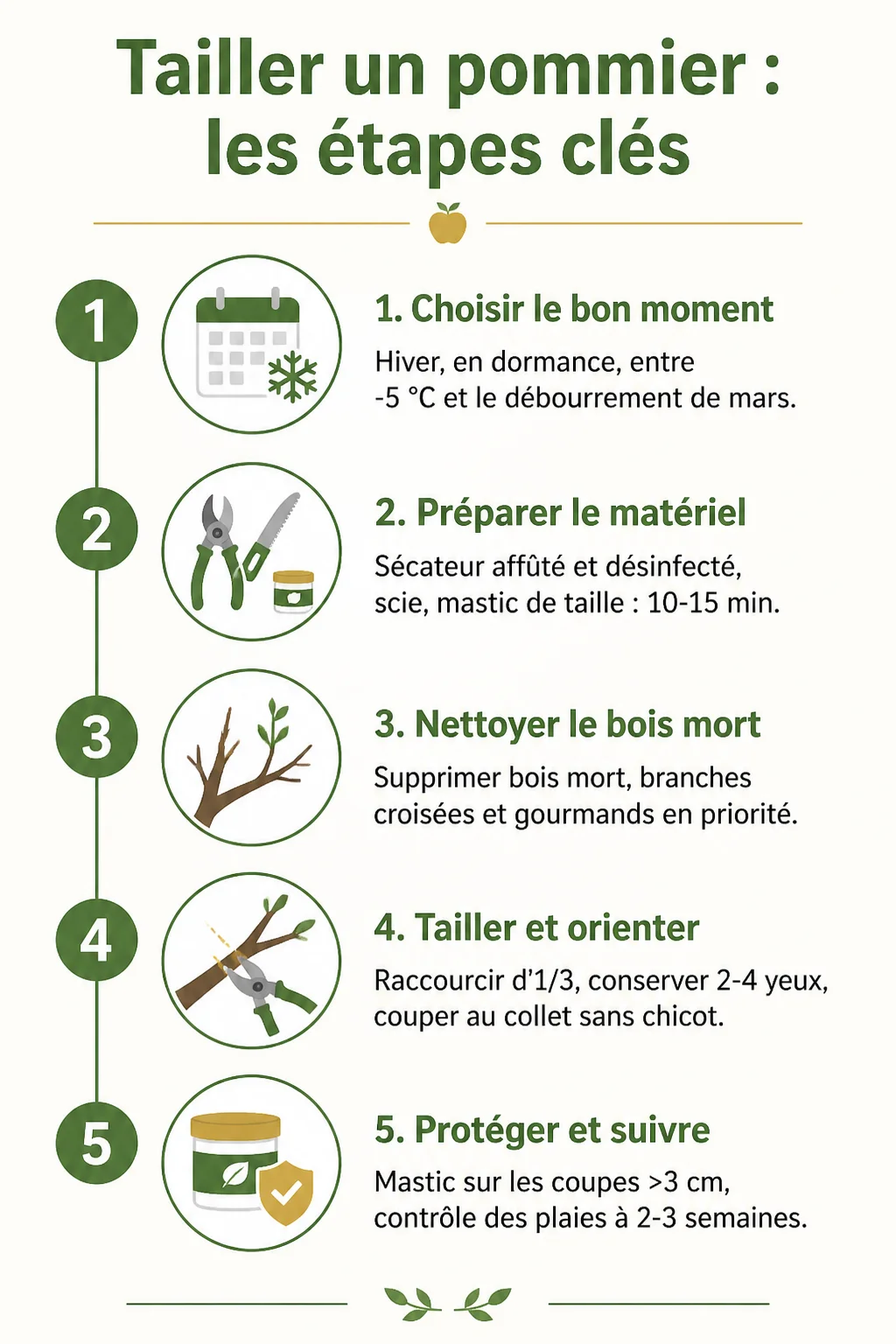 Tailler un pommier : les étapes clés : 1. Choisir le bon moment, 2. Préparer le matériel, 3. Nettoyer le bois mort, 4. Tailler et orienter, 5. Protéger et suivre