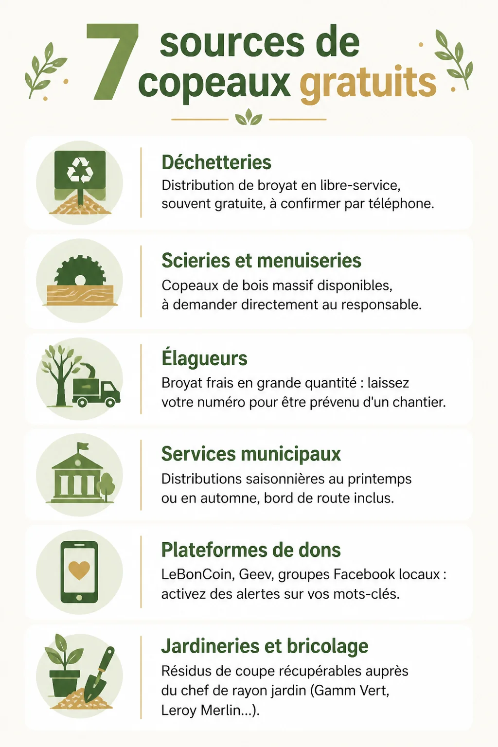7 sources de copeaux gratuits : Déchetteries, Scieries et menuiseries, Élagueurs, Services municipaux, Plateformes de dons, Jardineries et bricolage
