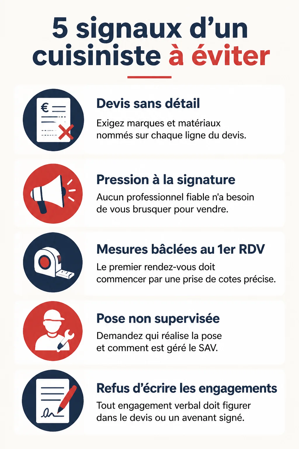 5 signaux d'un cuisiniste à éviter : Devis sans détail, Pression à la signature, Mesures bâclées au 1er RDV, Pose non supervisée, Refus d'écrire les engagements