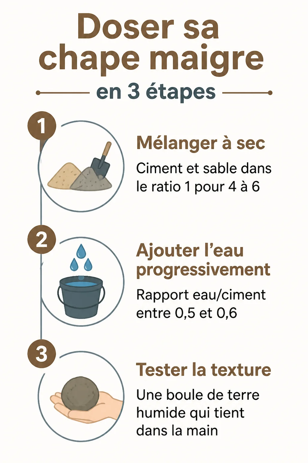 Doser sa chape maigre en 3 étapes : 1. Mélanger à sec, 2. Ajouter l'eau progressivement, 3. Tester la texture