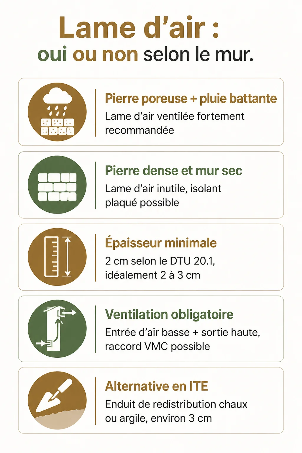 Lame d'air : oui ou non selon le mur : Pierre poreuse + pluie battante, Pierre dense et mur sec, Épaisseur minimale, Ventilation obligatoire, Alternative en ITE