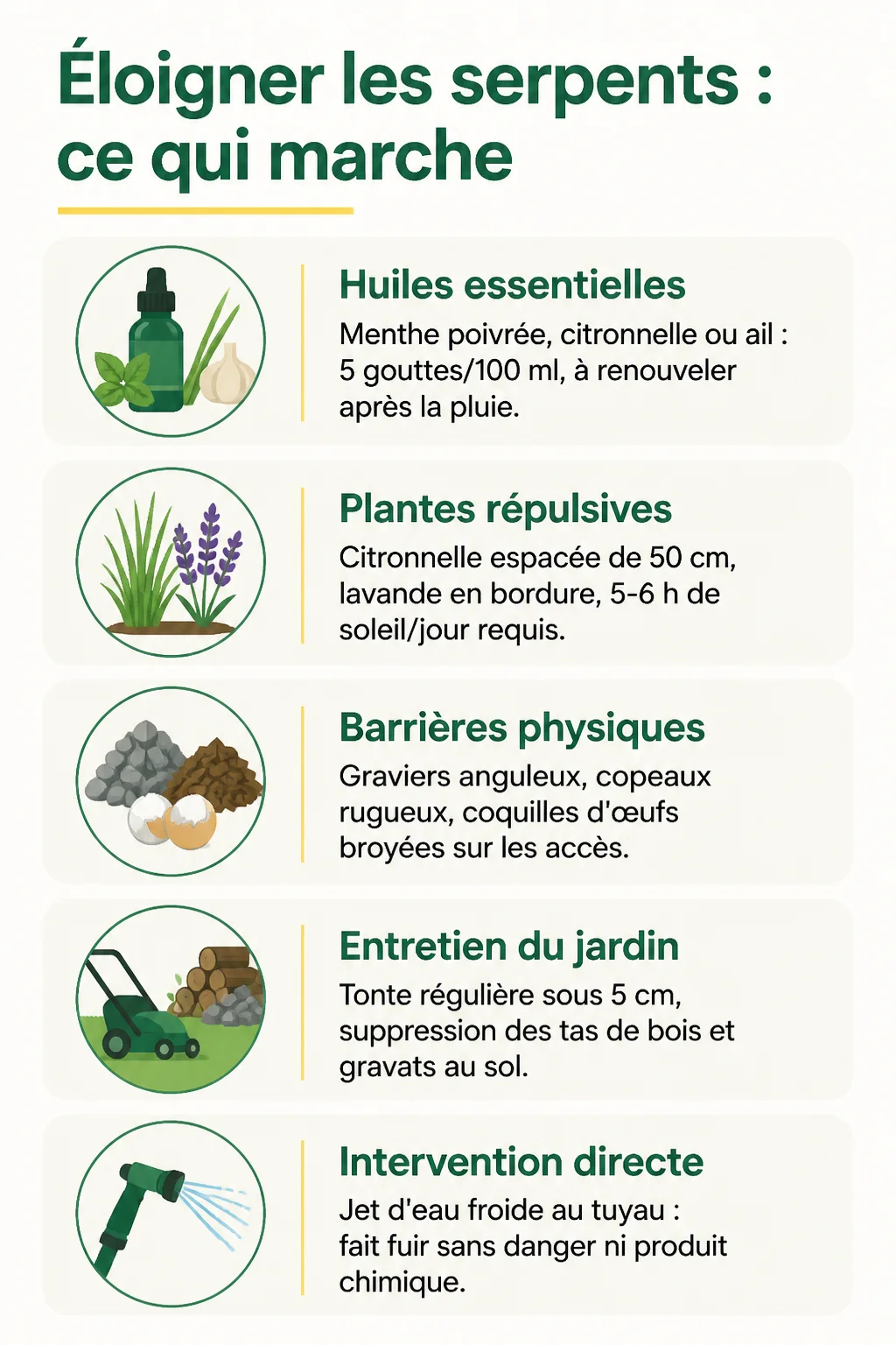 Éloigner les serpents : ce qui marche : Huiles essentielles, Plantes répulsives, Barrières physiques, Entretien du jardin, Intervention directe