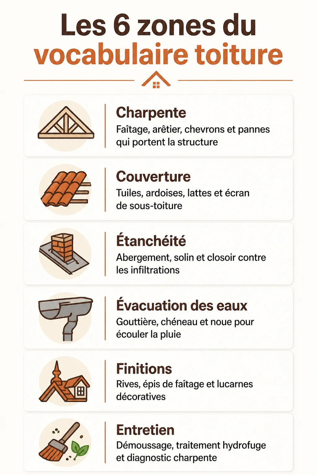 Les 6 zones du vocabulaire toiture : Charpente, Couverture, Étanchéité, Évacuation des eaux, Finitions, Entretien