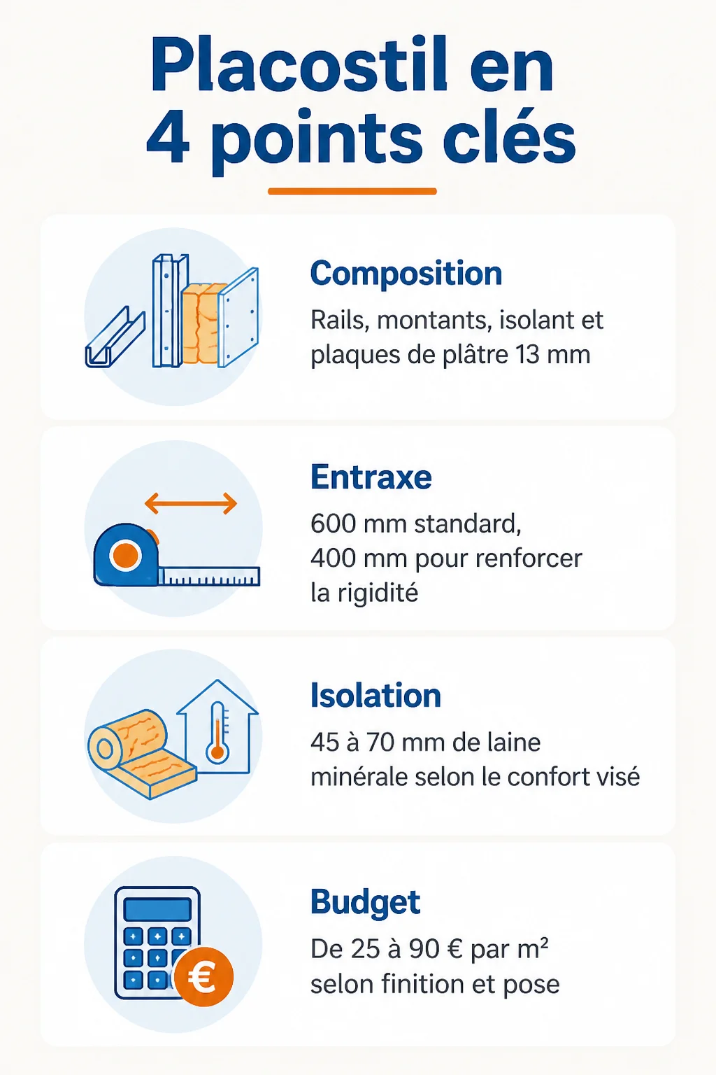 Placostil en 4 points clés : Composition, Entraxe, Isolation, Budget