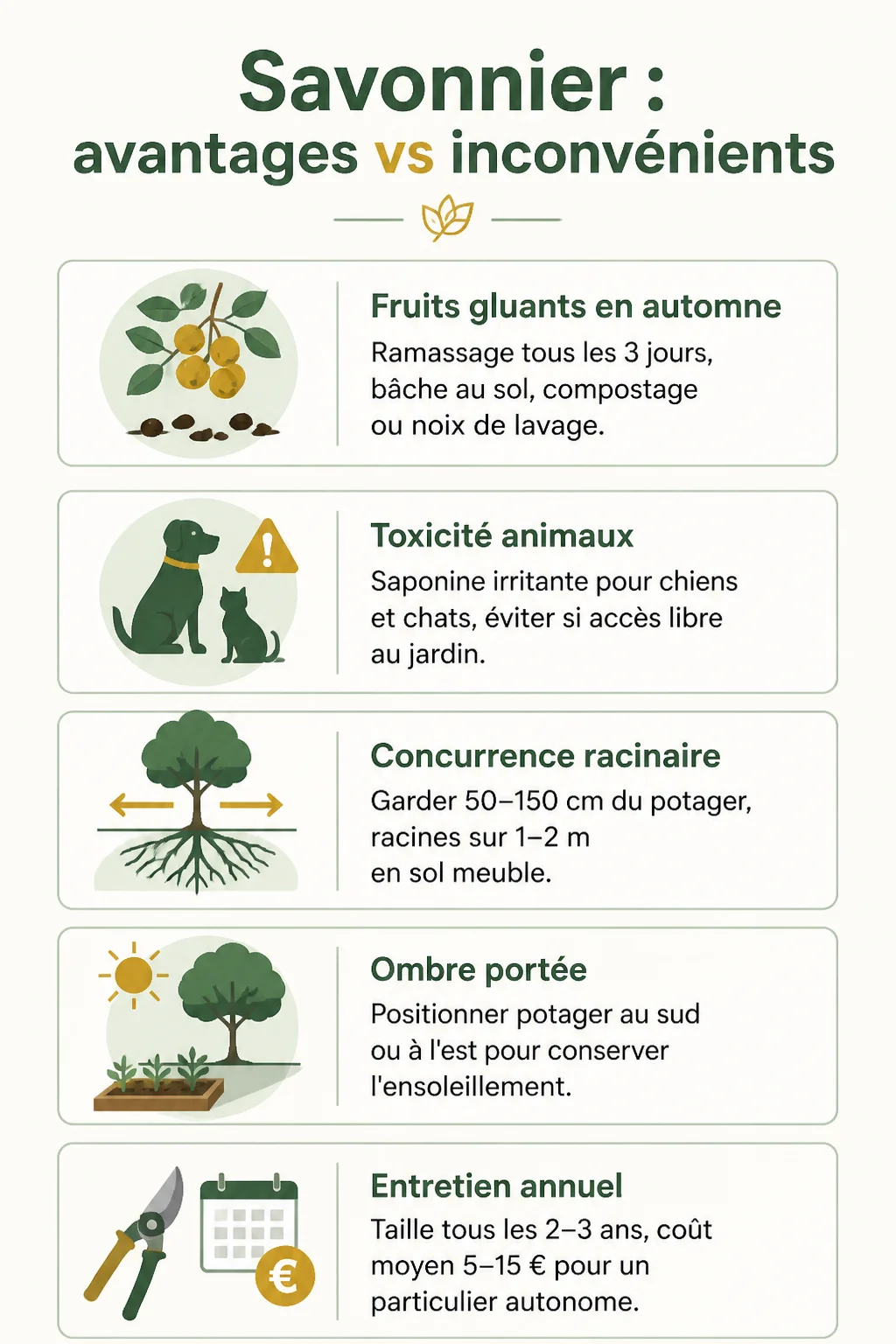 Savonnier : avantages vs inconvénients : Fruits gluants en automne, Toxicité animaux, Concurrence racinaire, Ombre portée, Entretien annuel