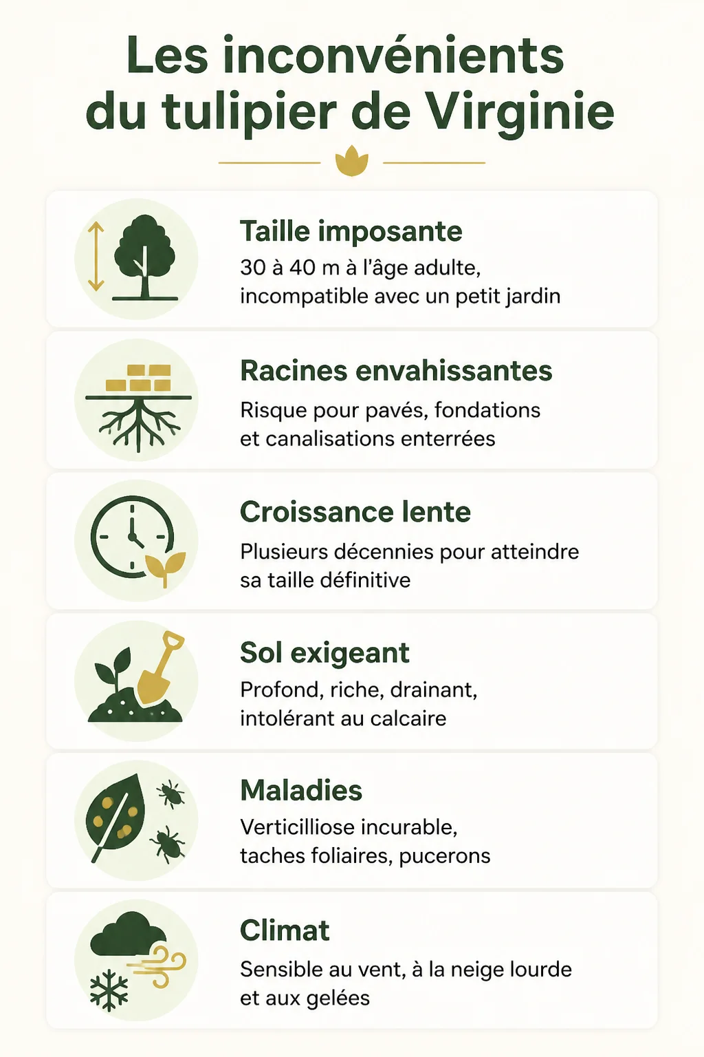 Les inconvénients du tulipier de Virginie : Taille imposante, Racines envahissantes, Croissance lente, Sol exigeant, Maladies, Climat
