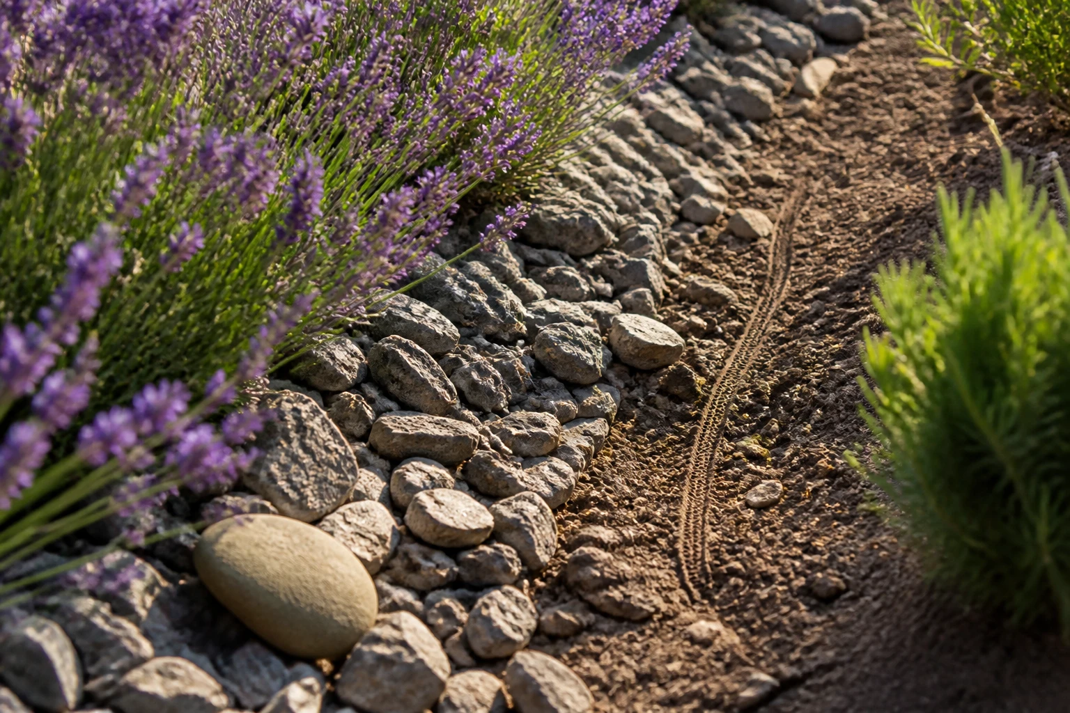 Bordure de jardin avec plants de lavande et gravier grossier pour éloigner les serpents