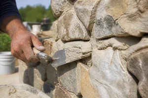 Application de mortier de chaux à la truelle sur un mur en pierre