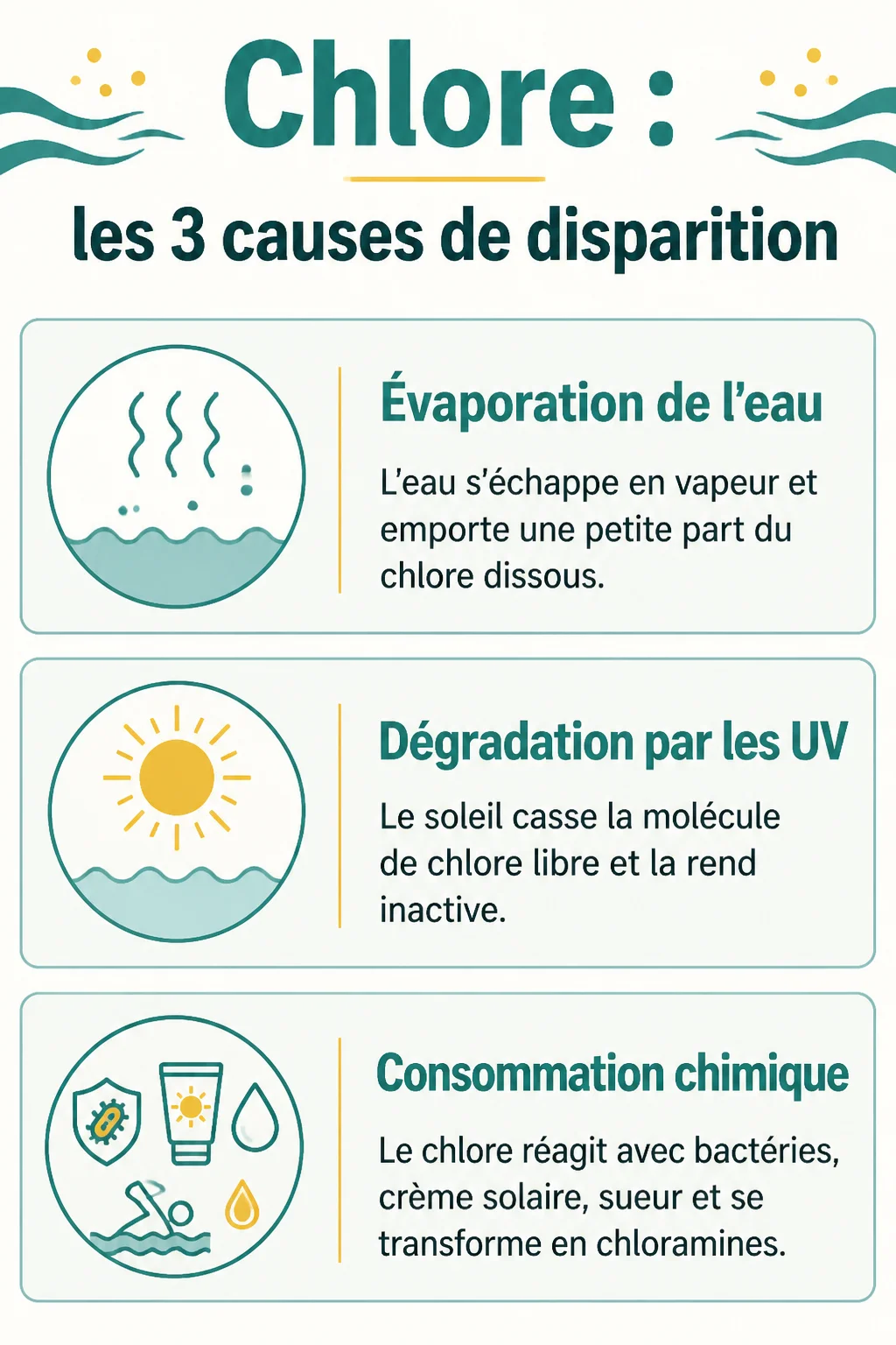 Chlore : les 3 causes de disparition : Évaporation de l'eau, Dégradation par les UV, Consommation chimique