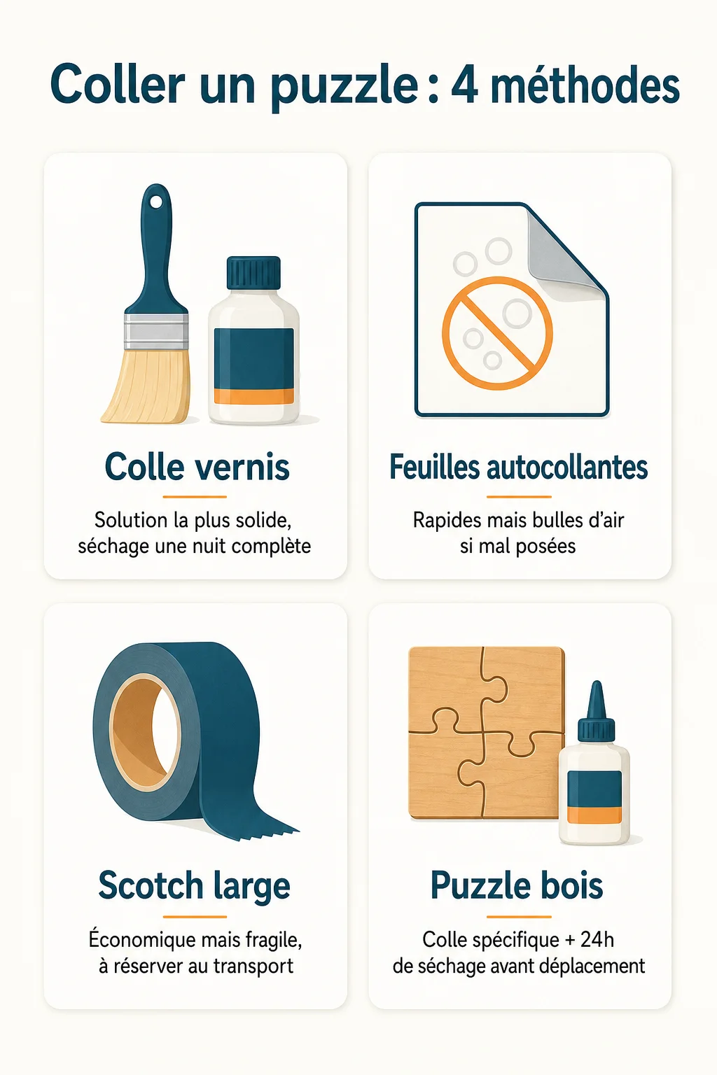 Coller un puzzle : 4 méthodes : Colle vernis, Feuilles autocollantes, Scotch large, Puzzle bois