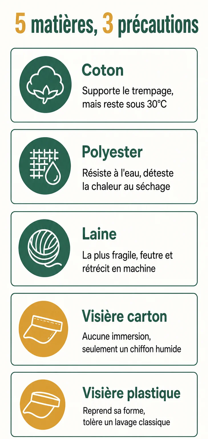5 matières, 3 précautions : Coton, Polyester, Laine, Visière carton, Visière plastique