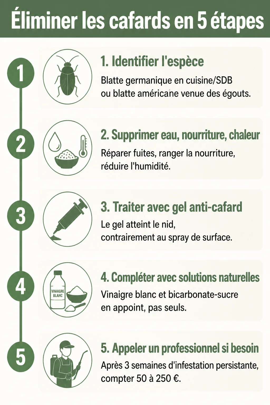 Éliminer les cafards en 5 étapes : 1. Identifier l'espèce, 2. Supprimer eau, nourriture, chaleur, 3. Traiter avec gel anti-cafard, 4. Compléter avec solutions naturelles, 5. Appeler un professionnel si besoin