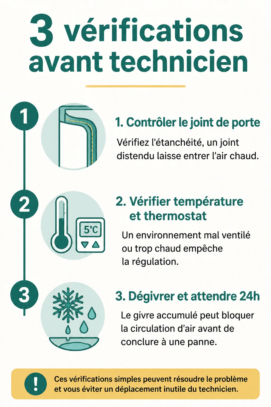 3 vérifications avant technicien : 1. Contrôler le joint de porte, 2. Vérifier température et thermostat, 3. Dégivrer et attendre 24h