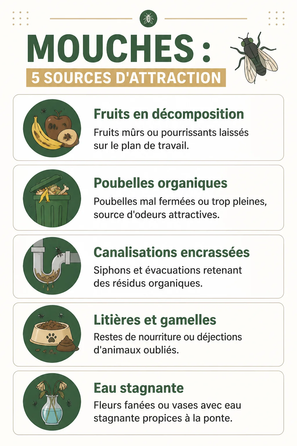 Mouches : 5 sources d'attraction : Fruits en décomposition, Poubelles organiques, Canalisations encrassées, Litières et gamelles, Eau stagnante