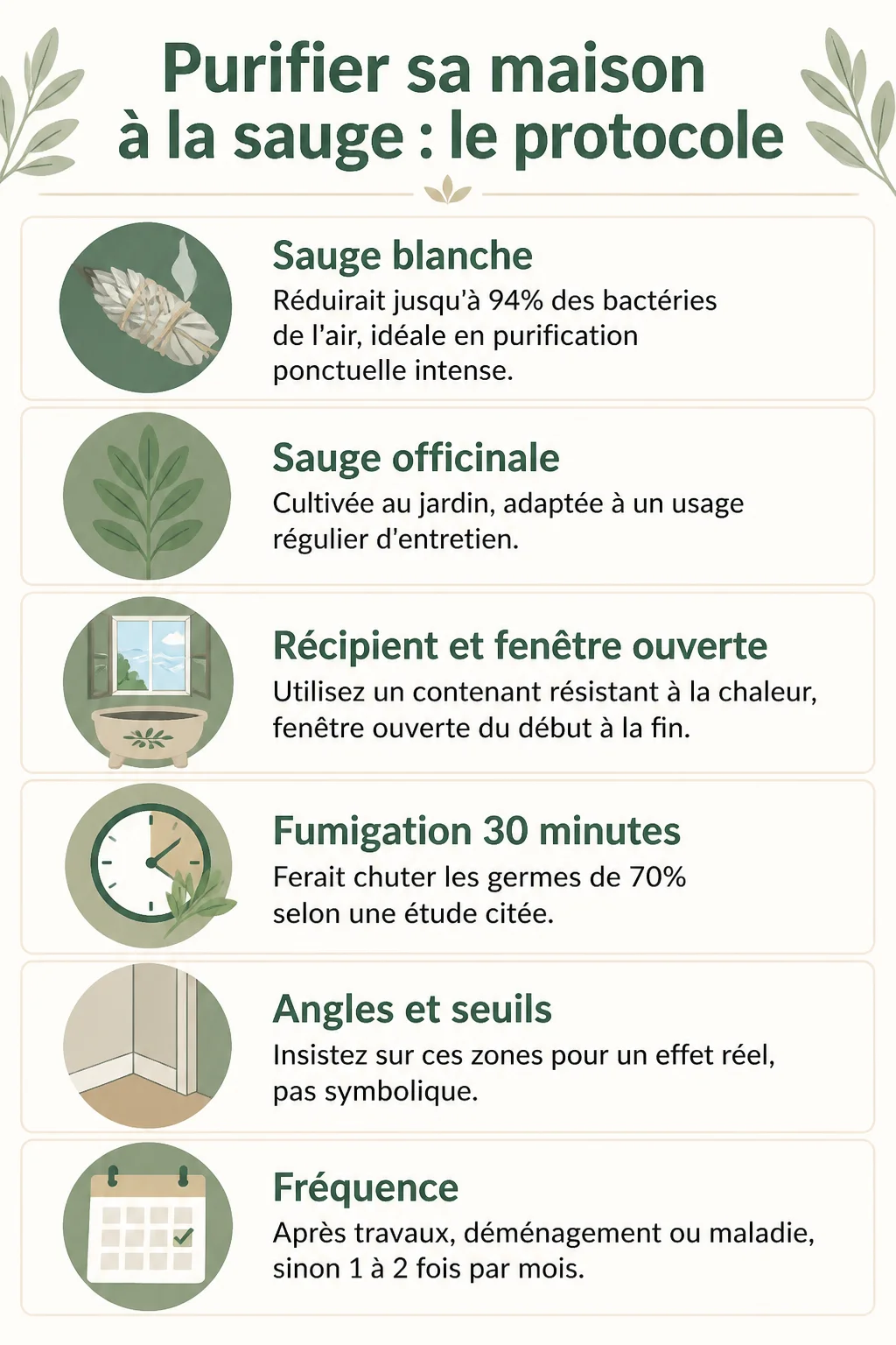 Purifier sa maison à la sauge : le protocole : Sauge blanche, Sauge officinale, Récipient et fenêtre ouverte, Fumigation 30 minutes, Angles et seuils, Fréquence