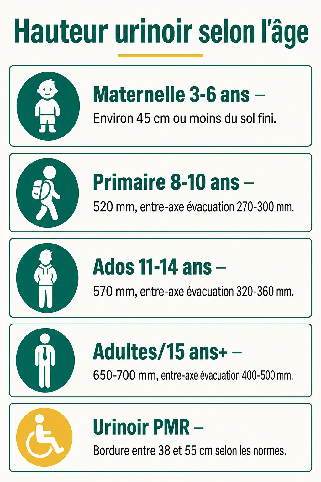 Hauteur urinoir selon l'âge : Maternelle 3-6 ans, Primaire 8-10 ans, Ados 11-14 ans, Adultes/15 ans+, Urinoir PMR