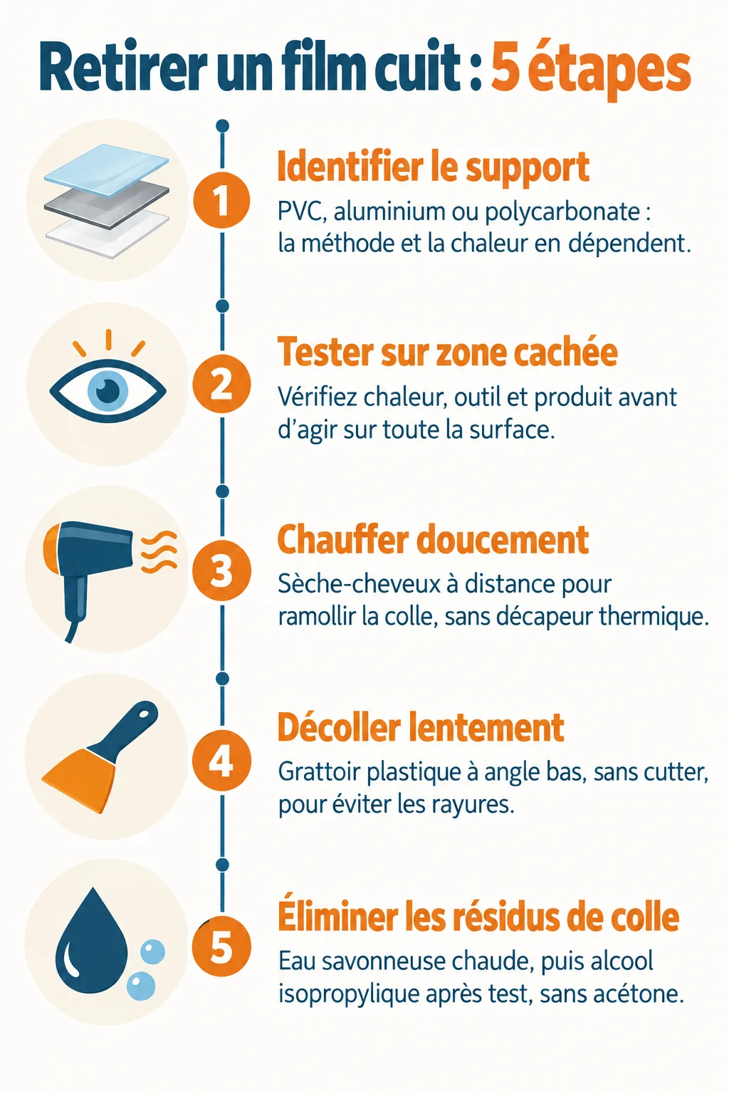 Retirer un film cuit : 5 étapes : 1. Identifier le support, 2. Tester sur zone cachée, 3. Chauffer doucement, 4. Décoller lentement, 5. Éliminer les résidus de colle