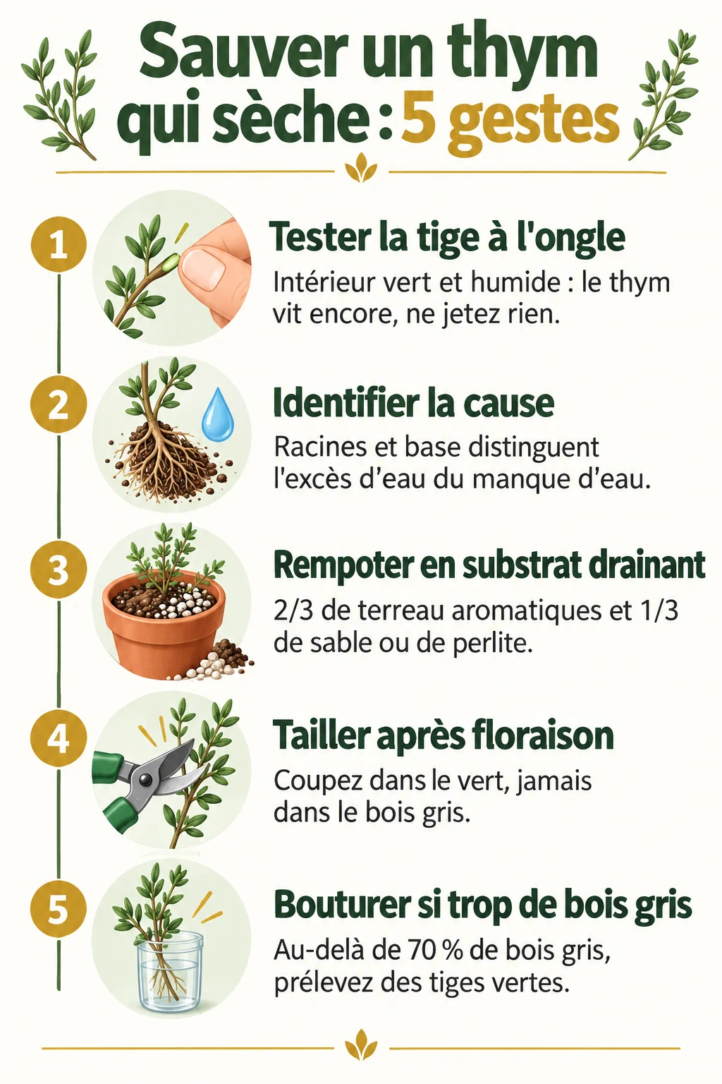 Sauver un thym qui sèche : 5 gestes : 1. Tester la tige à l'ongle, 2. Identifier la cause, 3. Rempoter en substrat drainant, 4. Tailler après floraison, 5. Bouturer si trop de bois gris